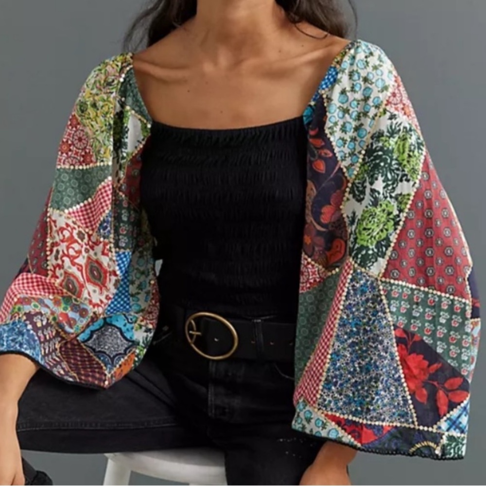 Anthropologie Let Me Be Patchwork Smocked Top size M